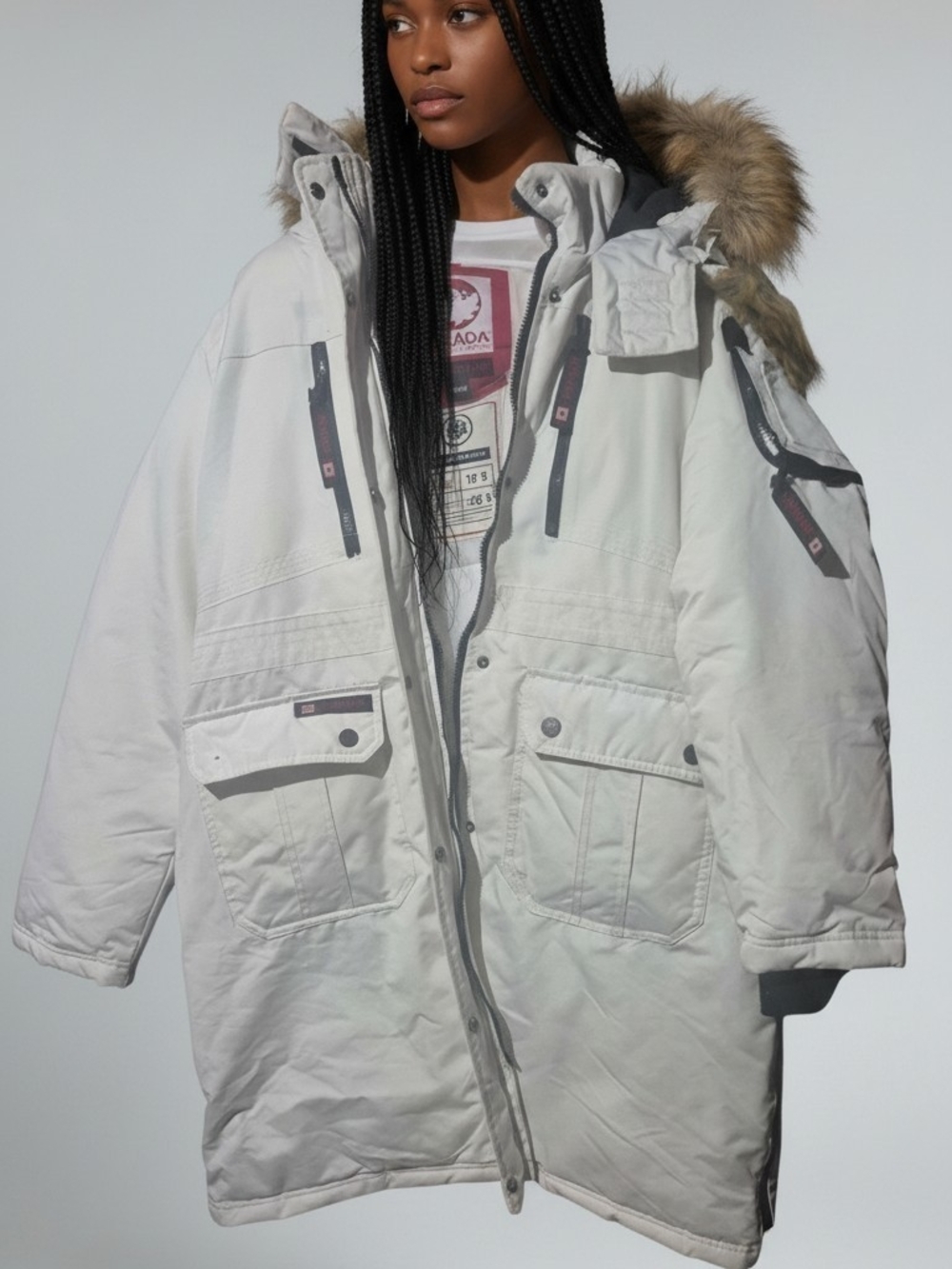 Women's White Parka Jacket with Faux Fur Hood